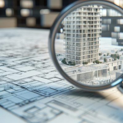 The map features a magnifying glass with a contemporary house on it, symbolizing the quest for upscale urban living